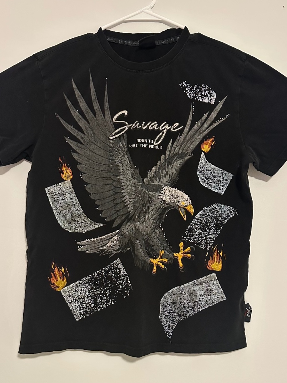 Savage Bald Eagle Burning Money Animal Print T-Shirt Medium Blk Y2K Short Sleeve